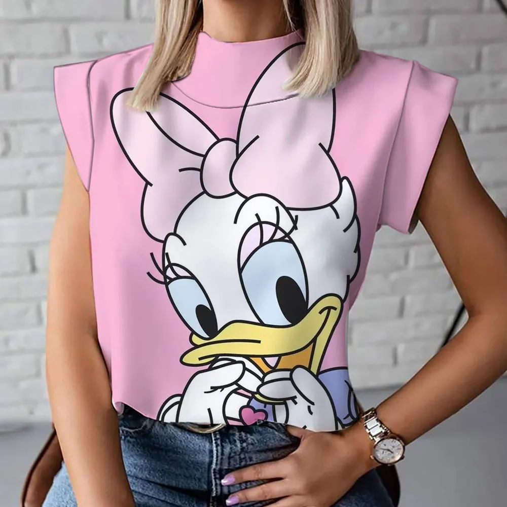 Modische und bequeme Damen T-Shirt mit hohem Kragen Mickey Minnie 3d Cartoon lässig Kurzarm 2024 neu