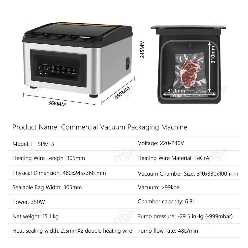 SPM‑3 Commercial Chamber Vacuum Sealer, Vacuum Packaging Machine Double Heating Wire‑99mbar Strong Suction for General All Bags