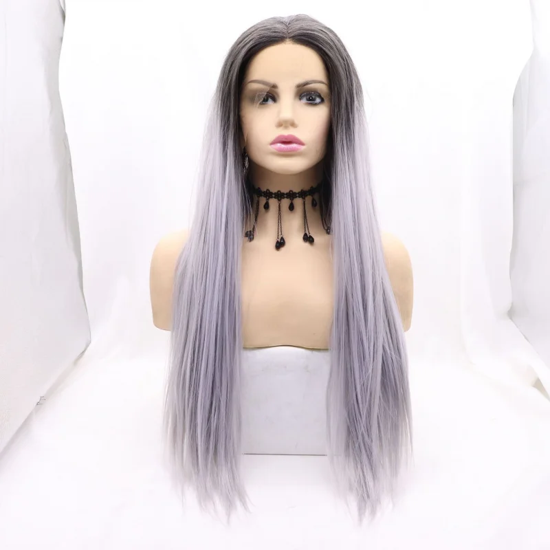 Gradient purple matte high-temperature synthetic long straight hair wig with lace front and rose net comfortable cap
