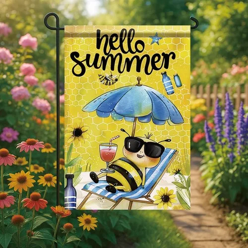 Summer Garden Flag 12x18 Inch Hello Summer Bee Honeycomb Beach Chair Sunglass... YYZ
