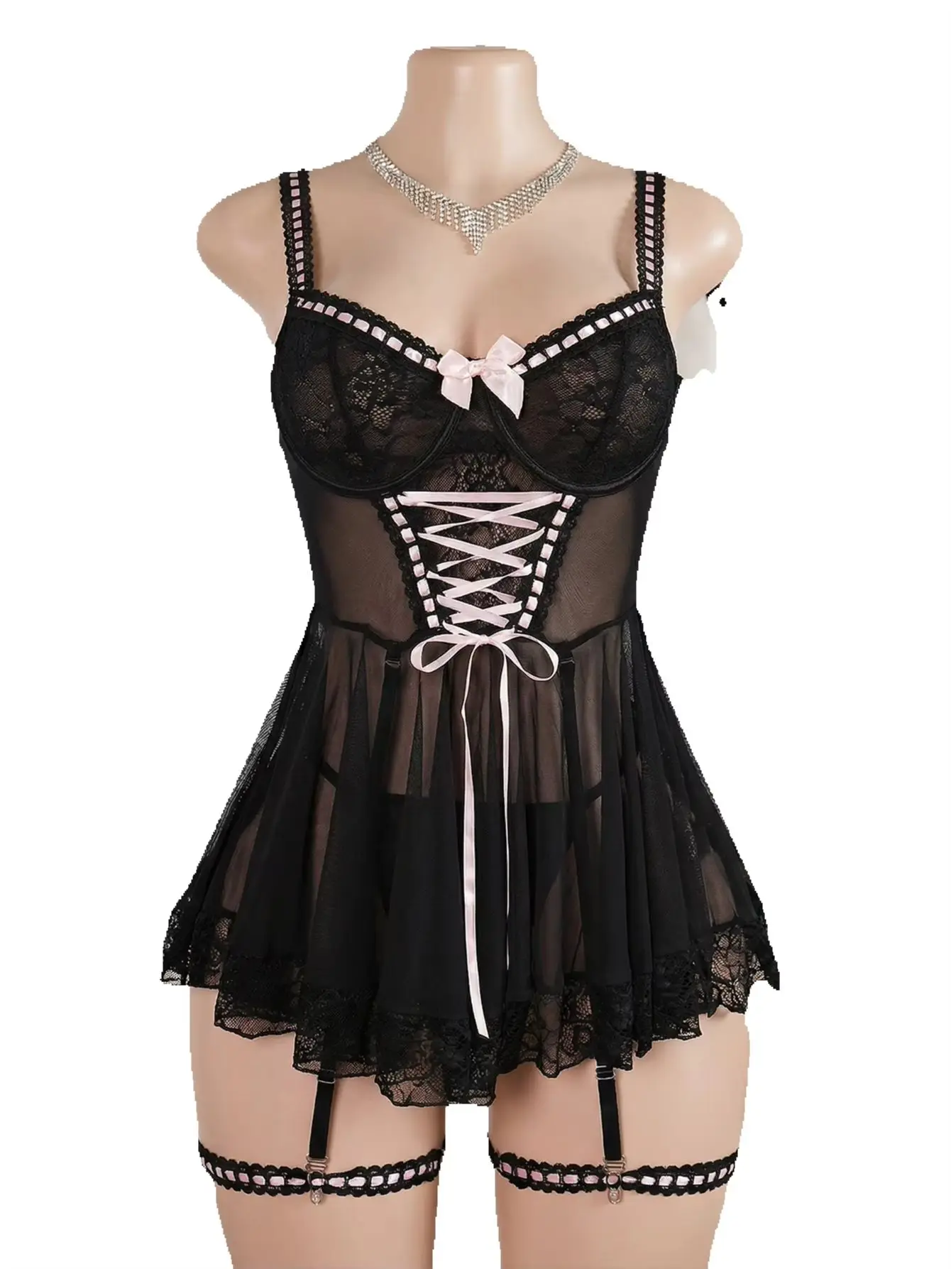 Black Pink Lace Semi Sheer Lingerie Set Front Lace Up Bow Slip Night Dress With Garter Straps Matching Thong Women Sexy Intimate