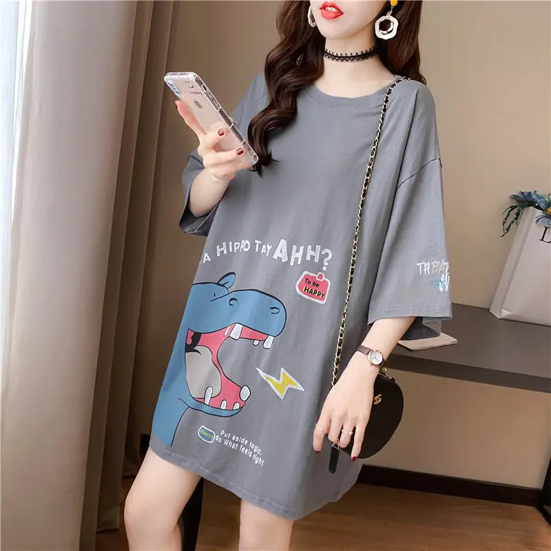 New Japanese Korean Girl T Shirt Style English Speaking Hippo Cute Grey Printed Letters Medium Length Tees Loose Tops Female