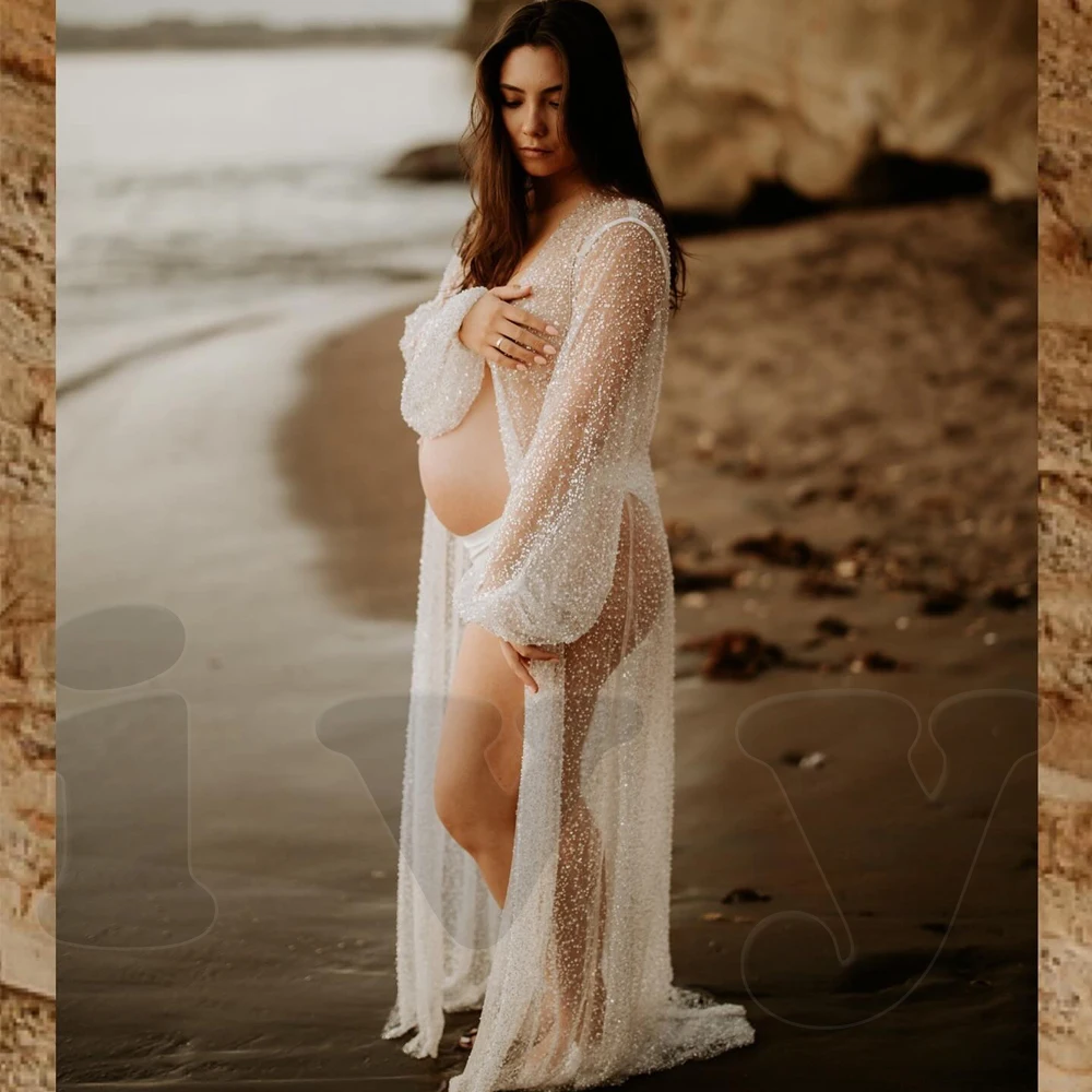 Maternity Photography Props Dress Sexy Transparent Mesh Studded Pearl Sequin Robe Photoshoot Photography Dress For Women