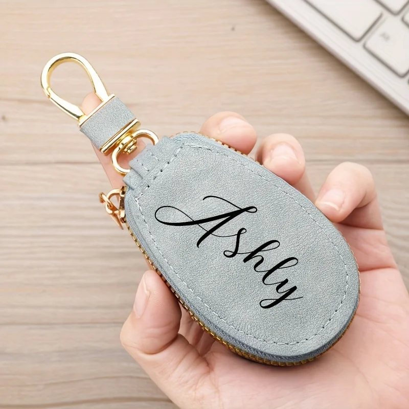 Personalized Name Text Keychain with Zipper PU Car Key Storage Organizer for Men Women Birthday Christmas Valentine's Day Gifts