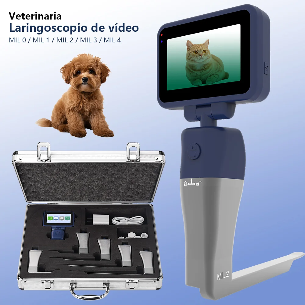 Veterinary Video Laryngoscope, includes 5 sizes Reusable Stainless Steel Blades and 3.2-inch Touchscreen Video Laryngoscope