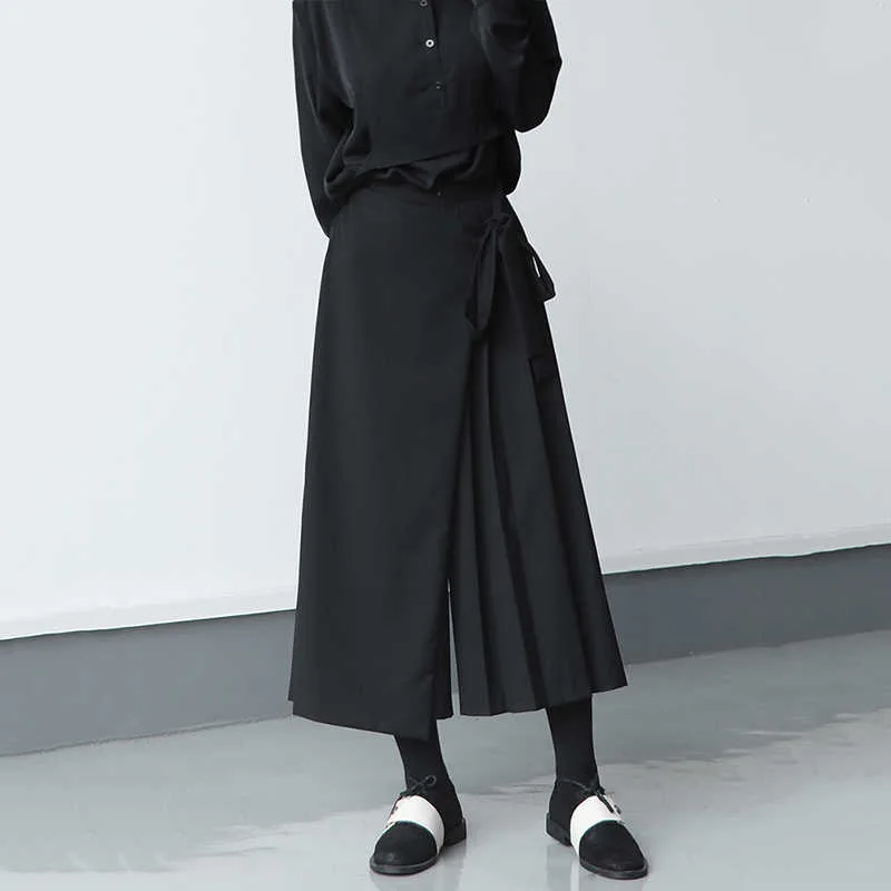 

Japanese Yamamoto style design black casual lace-up semi-elastic waist wide leg fake two culottes