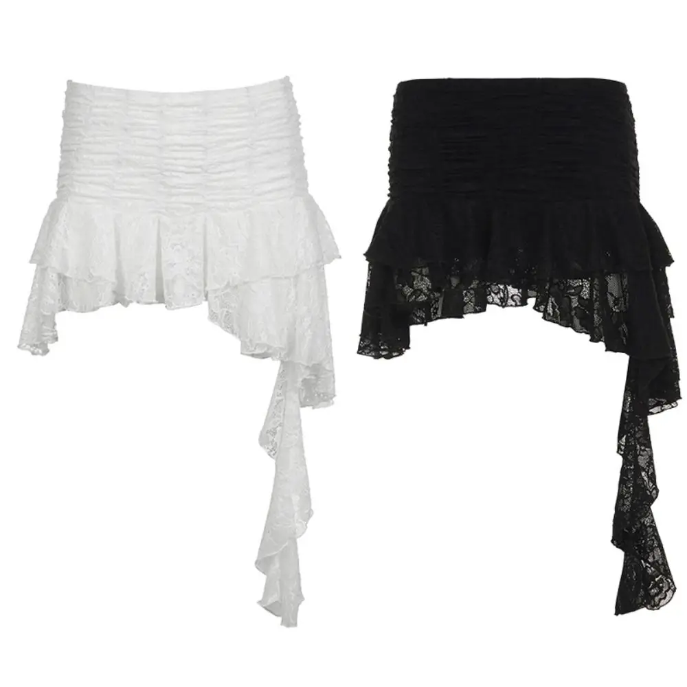 

Polyester Bohemian Lace Skirt High Waist Black White Irregular Mini Skirt Asymmetrical Design Low Waist Ruffled Short Skirt
