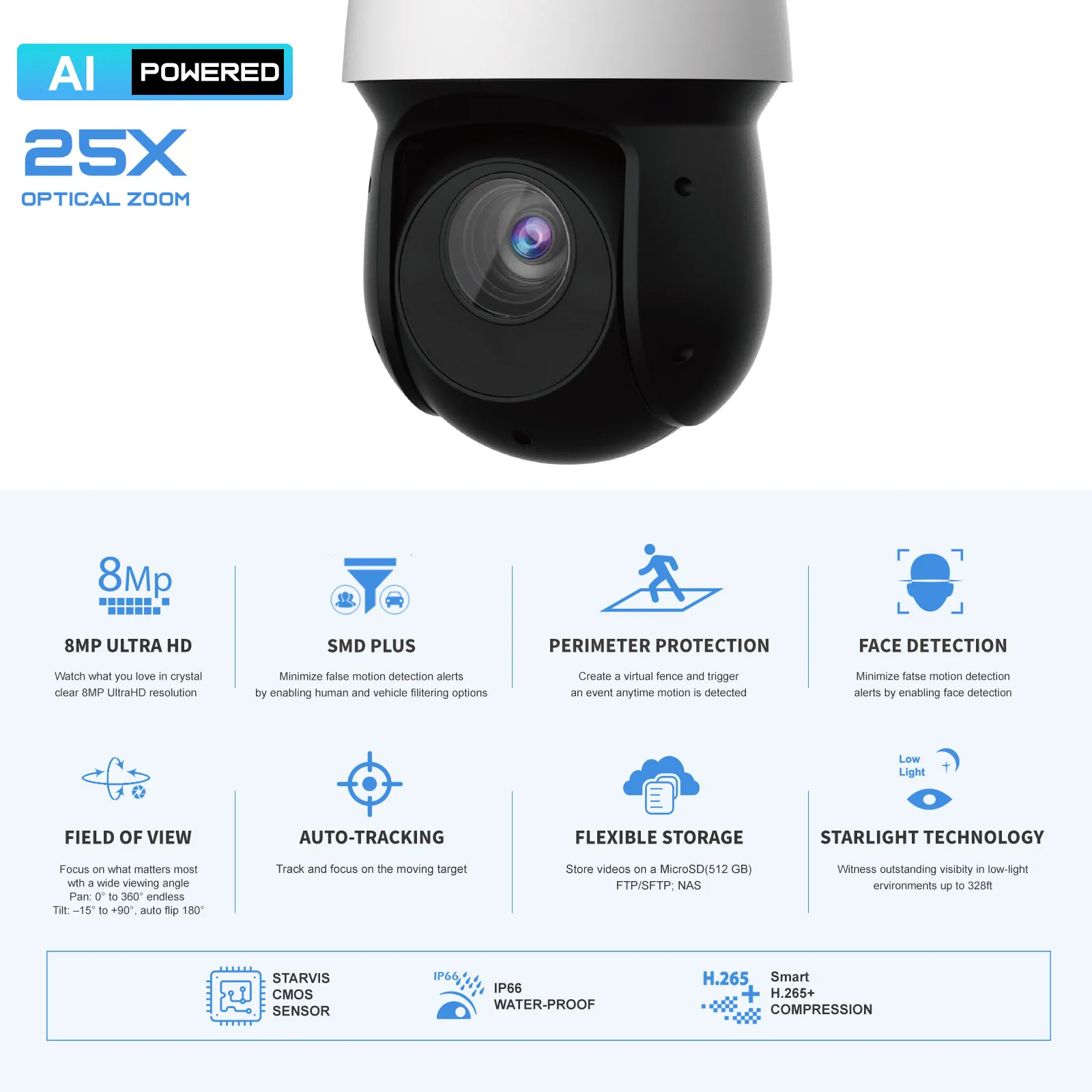 OEM DH Outdoor 4K 8MP 4MP 10x 20x 25X 16x 30x 45x Optical Zoom Long Range Dome Auto Tracking 360 Surveillance IP POE PTZ Camera