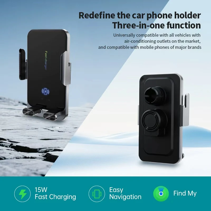 لـ Apple Find My، يمكن استخدامها في جميع السيارات، شاحن لاسلكي + حامل هاتف + محدد، وظيفة 3 في 1، تطبيق مجاني من التطبيق