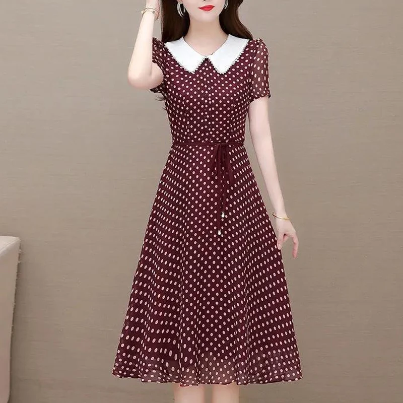 

Summer New Doll Collar Short Sleeve Midi Dress Women High Street Casual Slim Dresses Polka Dot Printing Elegant Lacing Vestidos