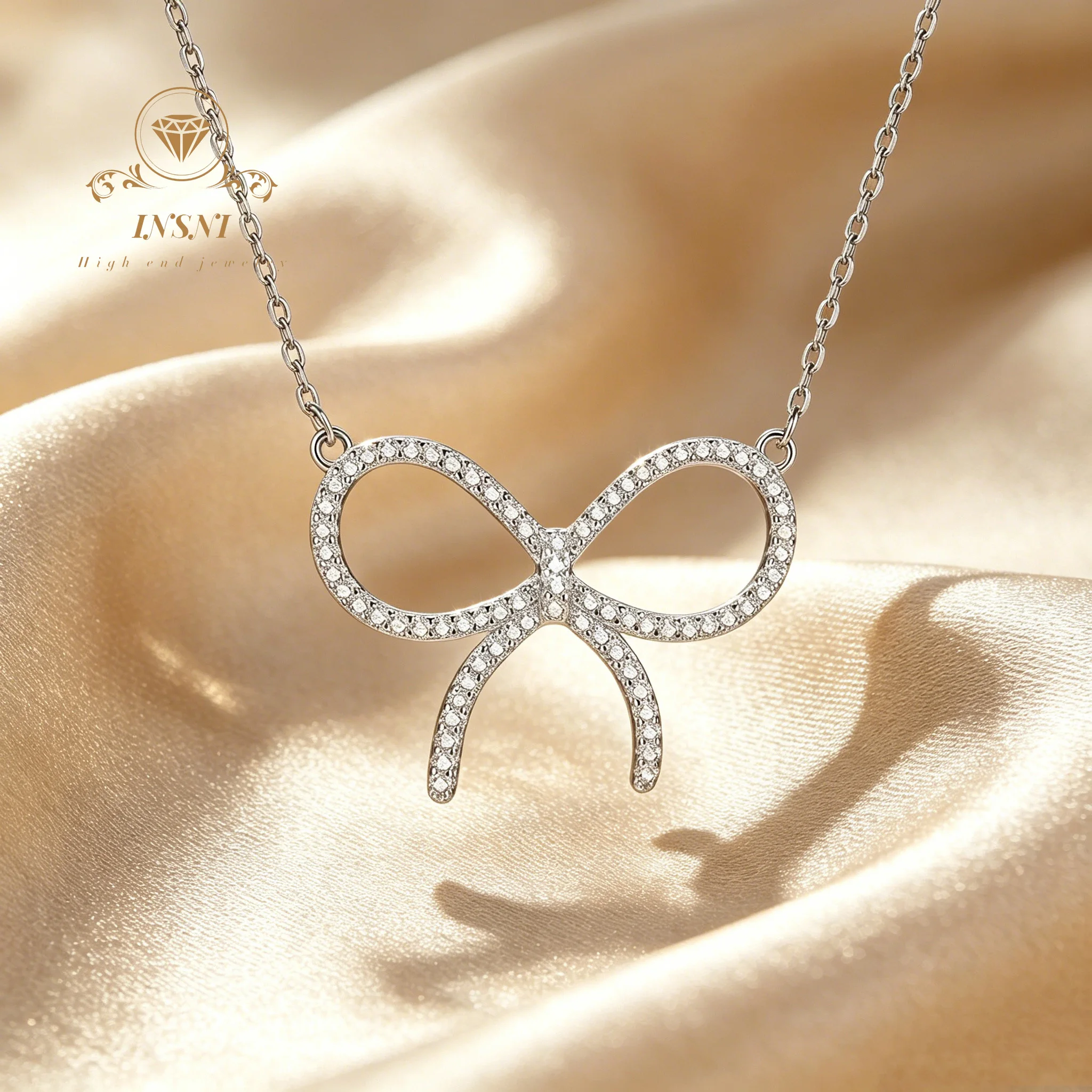 

S925 Silver Large Full Diamond Bow Necklace Women's Ins Affordable Light Luxury Jewelry Temperament High Sense Collarbone Chain