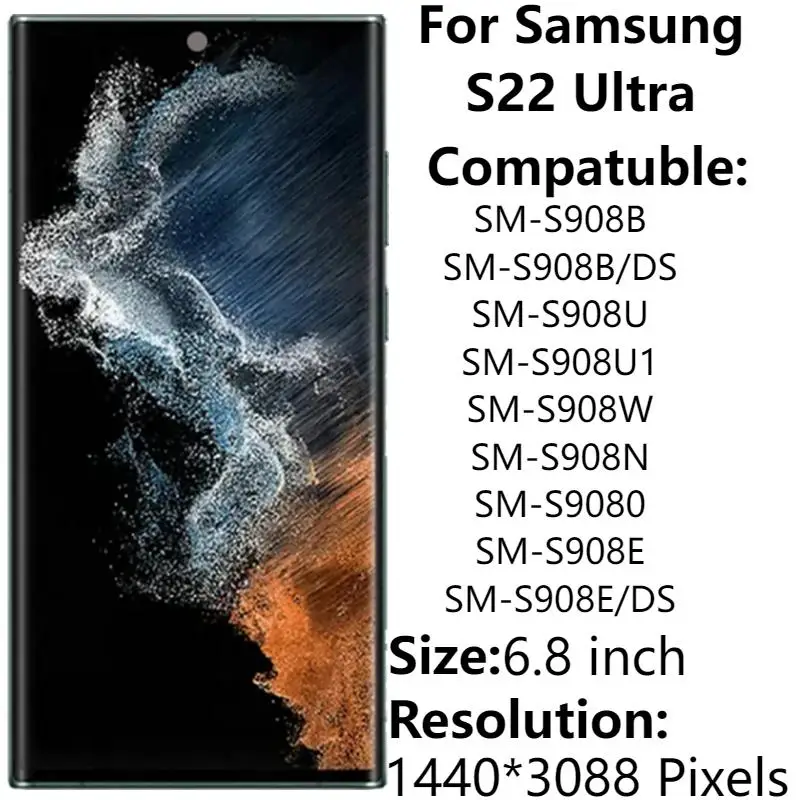 

6.8" AMOLED For Samsung S22 Ultra 5G S908B LCD Display With Frame SM-S908 S908U LCD Touch Screen Digitizer Assembly Repair Parts