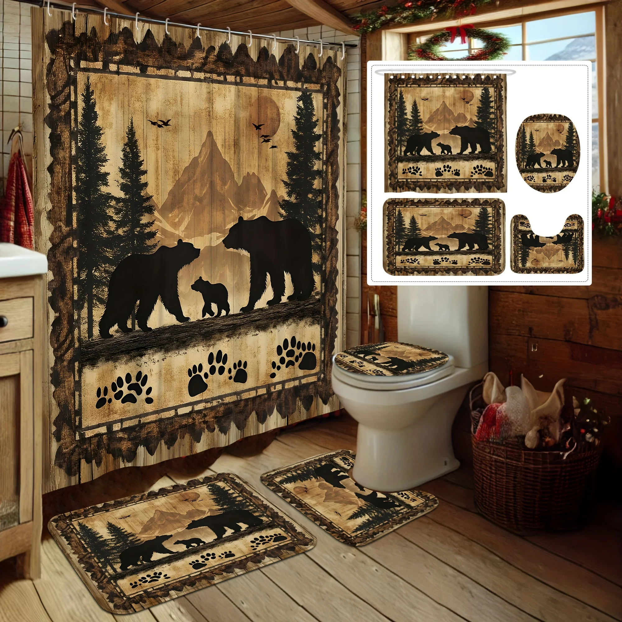 

Набор для ванны весна-лето, 4 шт., ферма коалы в деревенском стиле, черный, коричневый, 12 крючков, нескользящий коврик, U-образный чехол