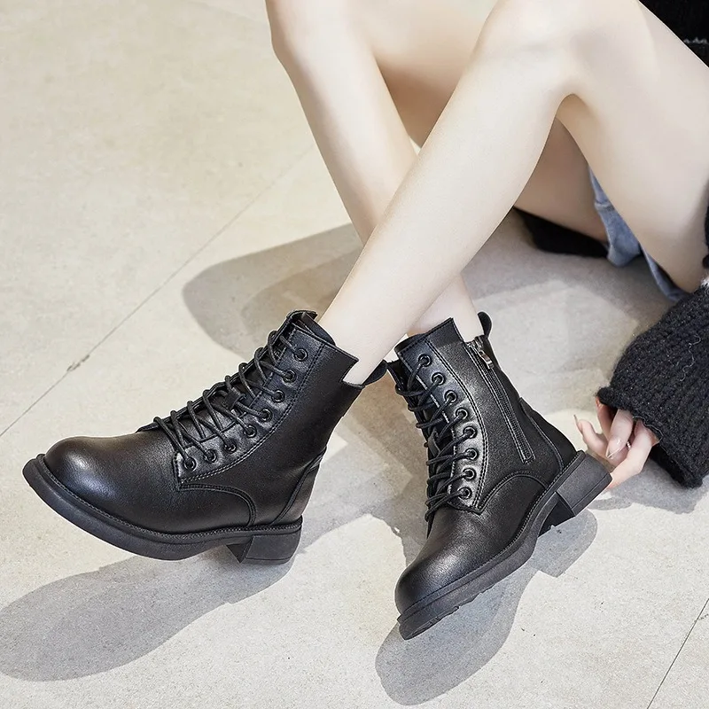 Fashion Women Ankle Boots Spring Slip On Platform Leather Boots Motorcycle Retro Boots Britain Ladies Shoes Batos Mujer Hot Sale