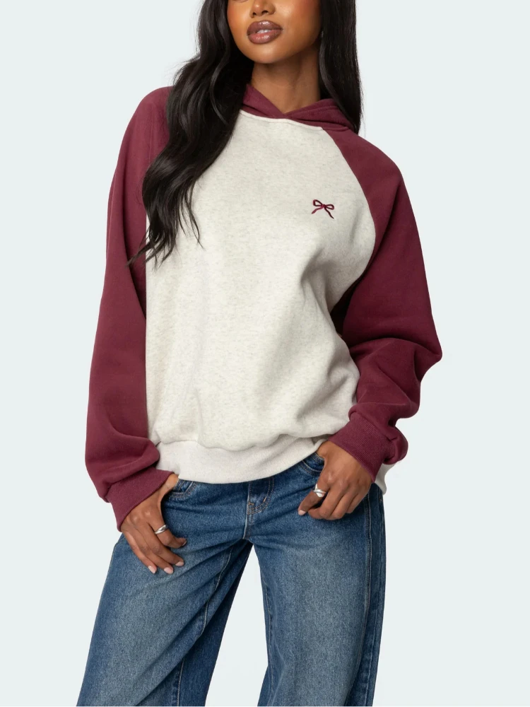 Autumn and Winter Amazon Fashion Queen Super Dalian Hoodie Women's pullover and shoulder cut color blocked sweatshirt Y2K sweats