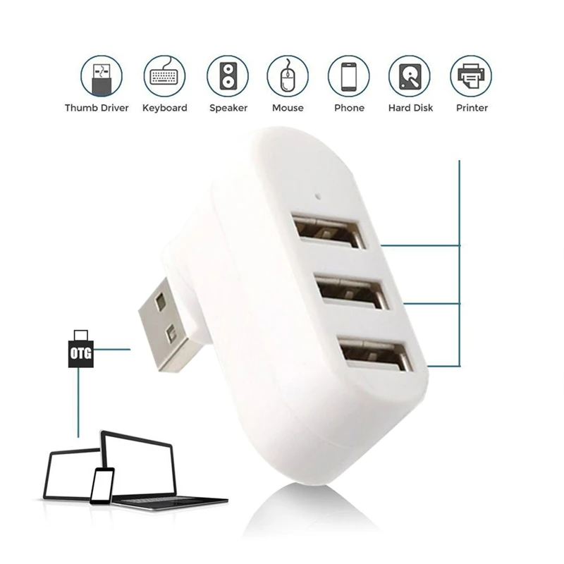 3 Port USB 2.0 Hub USB Port Splitter USB 2.0 Expander 90°-180° Degree Rotatable For PC Tablet Laptop Printer Camera