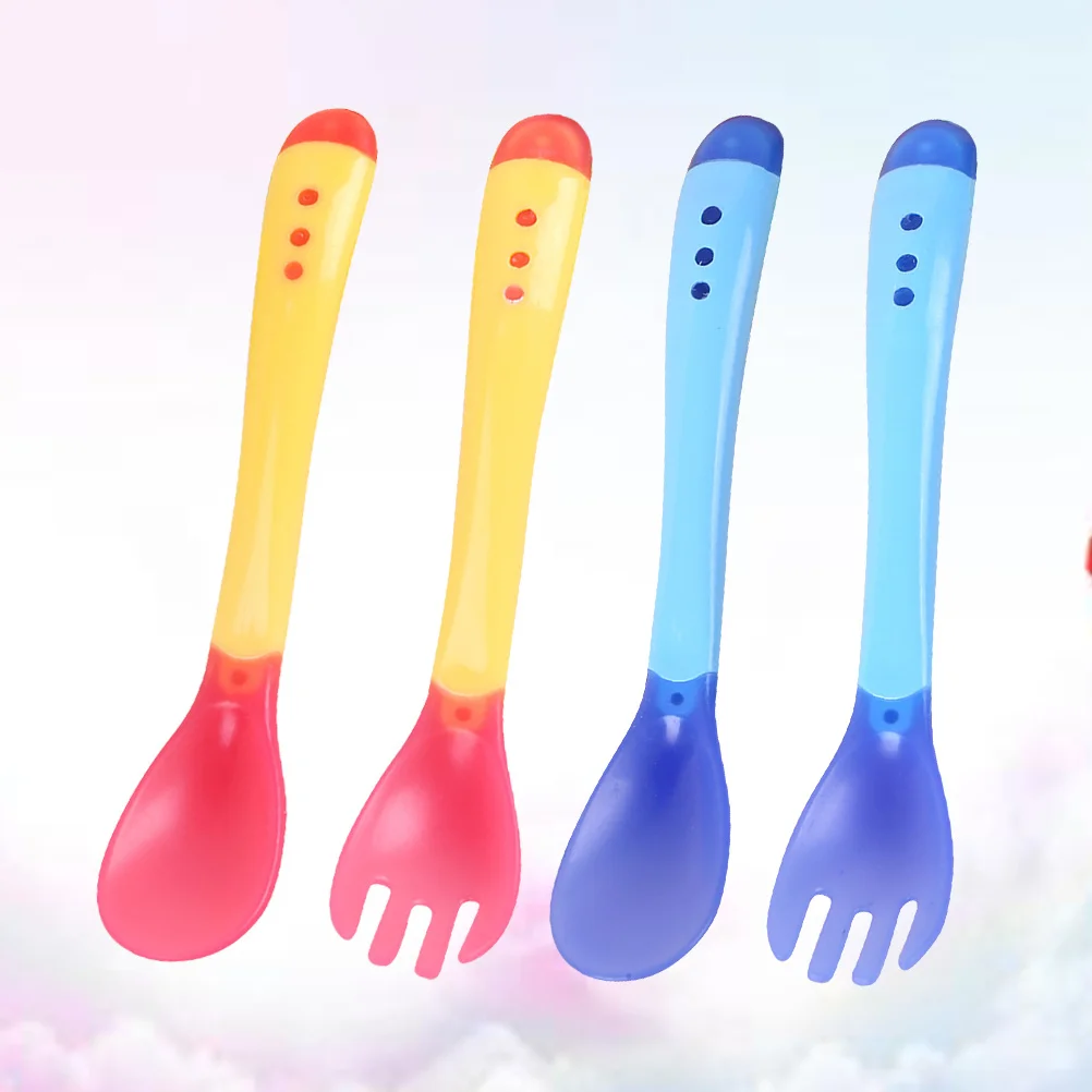 

4pcs Temperature Sensing Spoon Fork Set Baby Tableware Toddler Cutlery Color Changing Feeding Utensils For Friendly