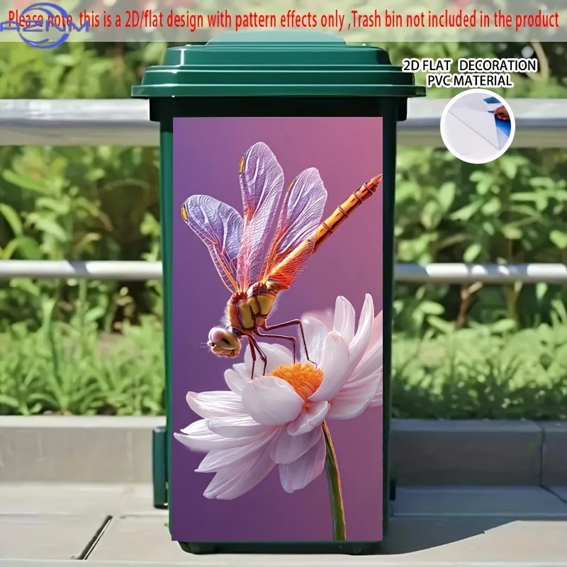 One Piece, Two-Dimensional Flat Sticker for a Garbage Bin Featuring a Beautiful Dragonfly on a White Flower Design, Perfect fo