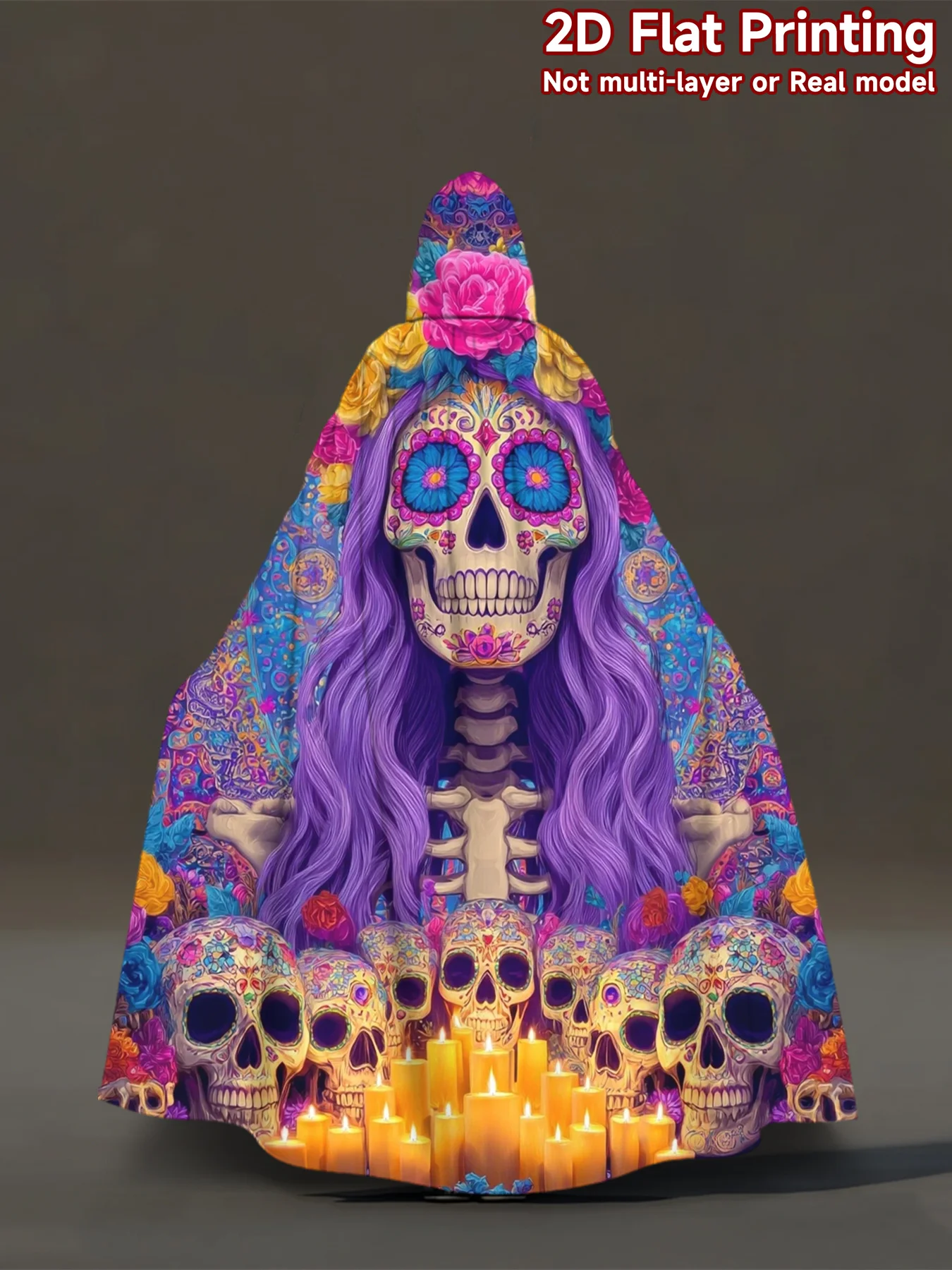 1pcs Suitable for All Occasions Retro Full-Body Print Hooded Robe - Day of the Dead Costume Cloak with Hood Machine Washable