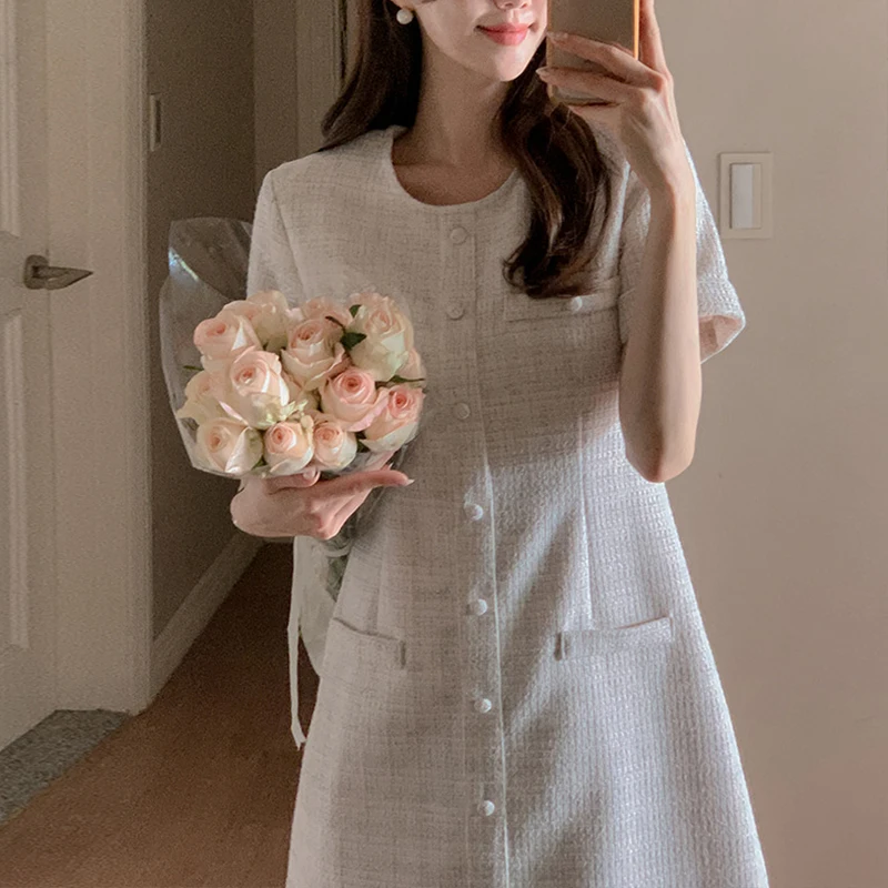 Korean Chic Small Fragrant Women Dresses Tweed O-neck Slim Waist Puff Sleeve Dress 2024 Summer Short Sleeve Vestidos Female