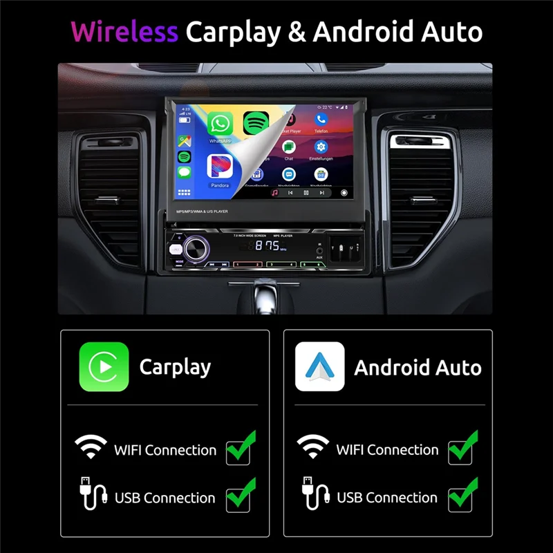 Classy-Wireless Carplay Android Auto Single Din Radio, 7 Inch Manual Foldable Car Stereo With Backup Camera, Mirror Link/AM/FM
