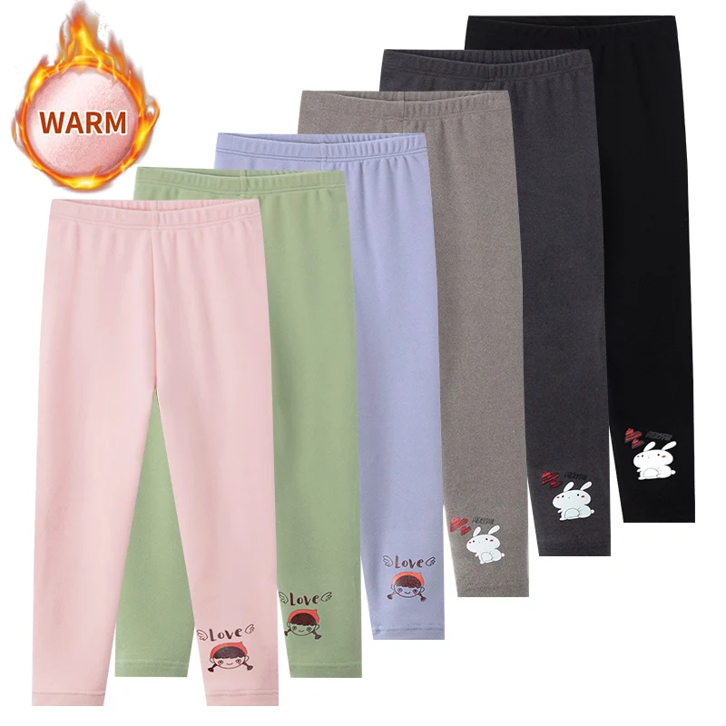 

1/3pcs Autumn And Winter Girls Solid Color Cute Printed Slim Fit Bottom Pants 100-160 Plus Size Children's Versatile Thick Pants