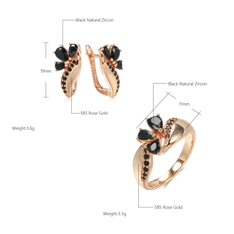 Wbmqda New Black Natural Zircon Earings Ring For Women  585 Rose Gold High Quality Everyday Fine Bride Wedding  Jewelry Sets