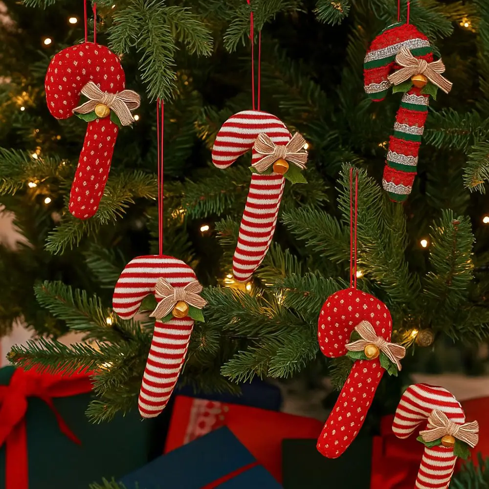 Colgante de bastón de caramelo de Navidad, color rojo y blanco, campana, lazo, tela, decoración de árbol de Navidad, adorno decorativo de piruleta colgante de dibujos animados
