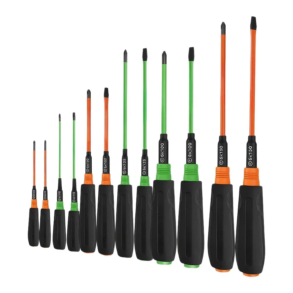 Demolition-Oriented 12pc Screwdriver Set Made from For S2 Steel Magnetic Slotted For cross Tips and Ergonomic Triangular Handle