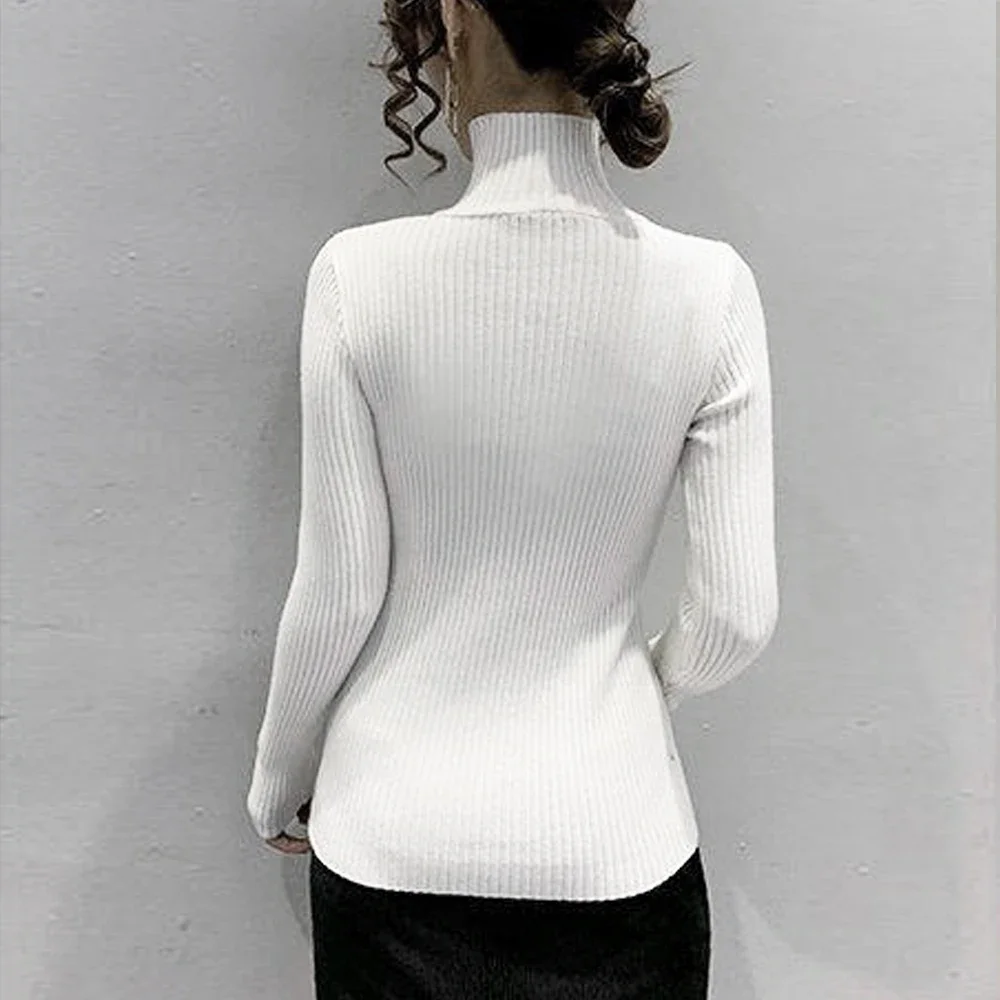 Woman Black White Sweater T Shirt S-XL Long sleeved Blouse Women High Neck Knitted Shirt Womens Blouses Elegant A RAN A YUE