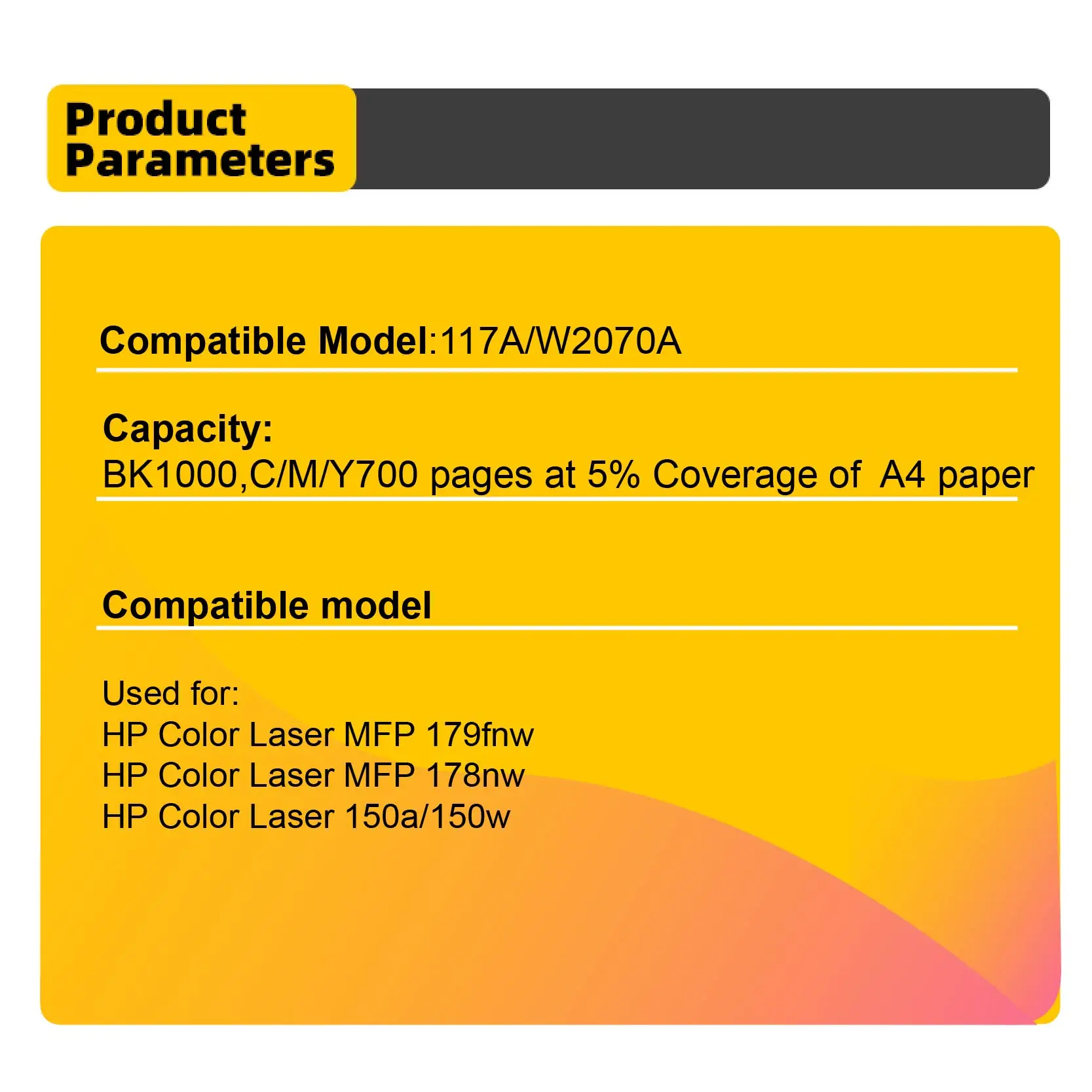 Compatible for hp117a Toner Cartridge HP 117a w2070a For HP MFP179fnw 178nw 150a 150nw color Laser printer With Chip