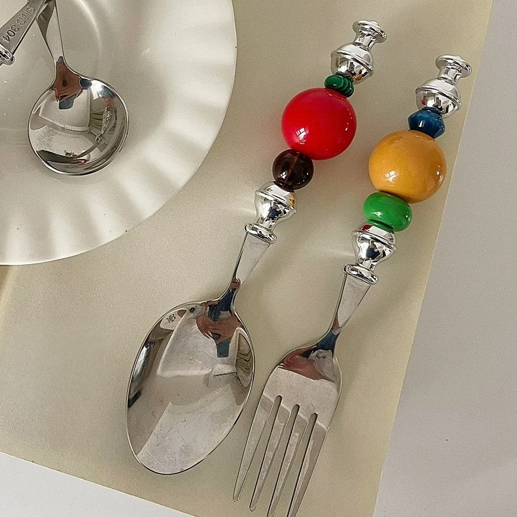 Retro Colorful Beaded 304 Stainless Steel Spoon Fork Set, Creative Cute Western Tableware, Dopamine Style Dinner Spoon
