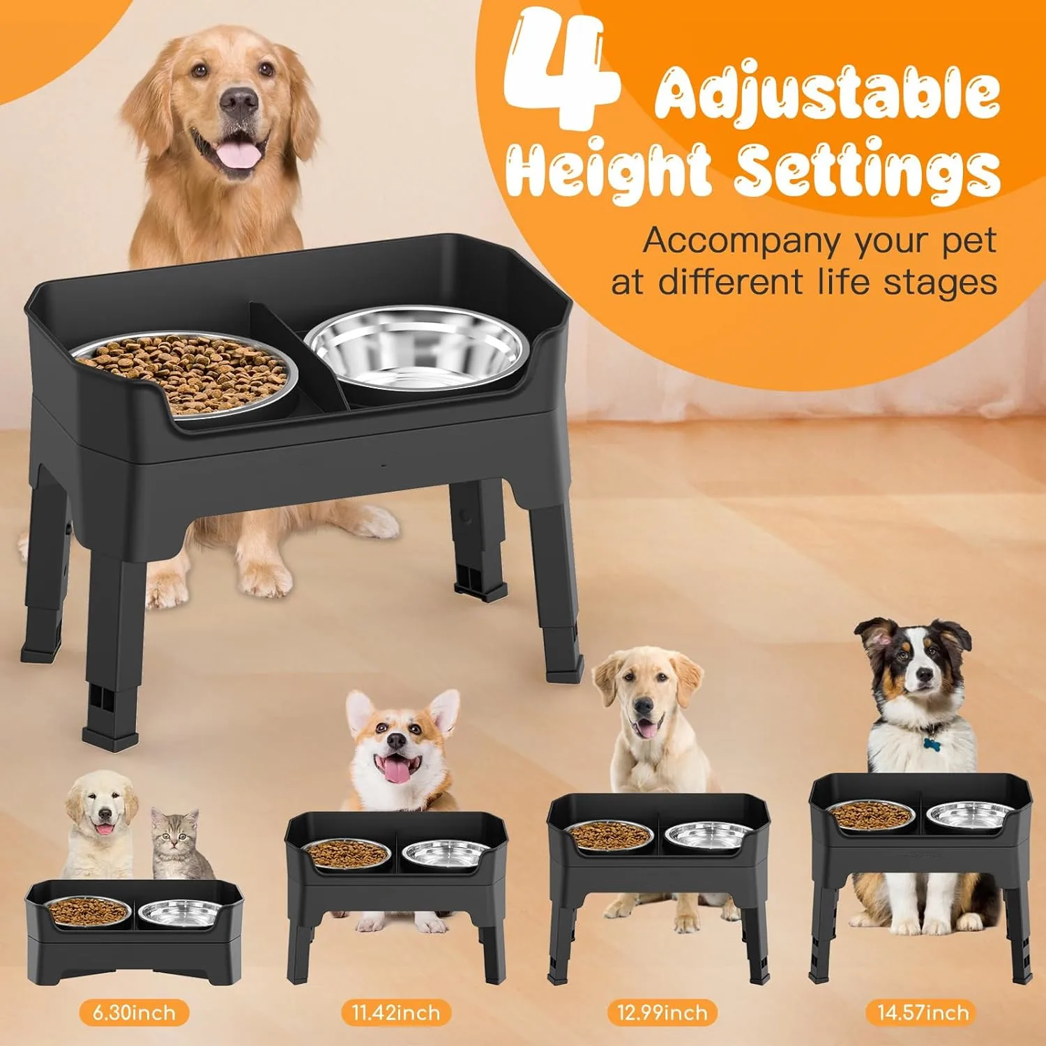 Elevated Pet Feeder Stand With Stainless Steel Double Bowls, 4 Height Adjustable Non-slip Raised Dog & Cat Feeder Bowls Set With