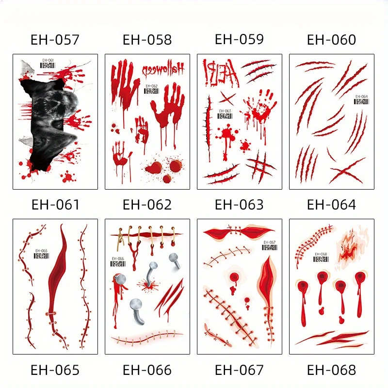 Halloween Temporary Tattoos, Waterproof Scar and Wound Realistic Fake Blood Tattoo Stickers, Spooky Horror Prank Props for