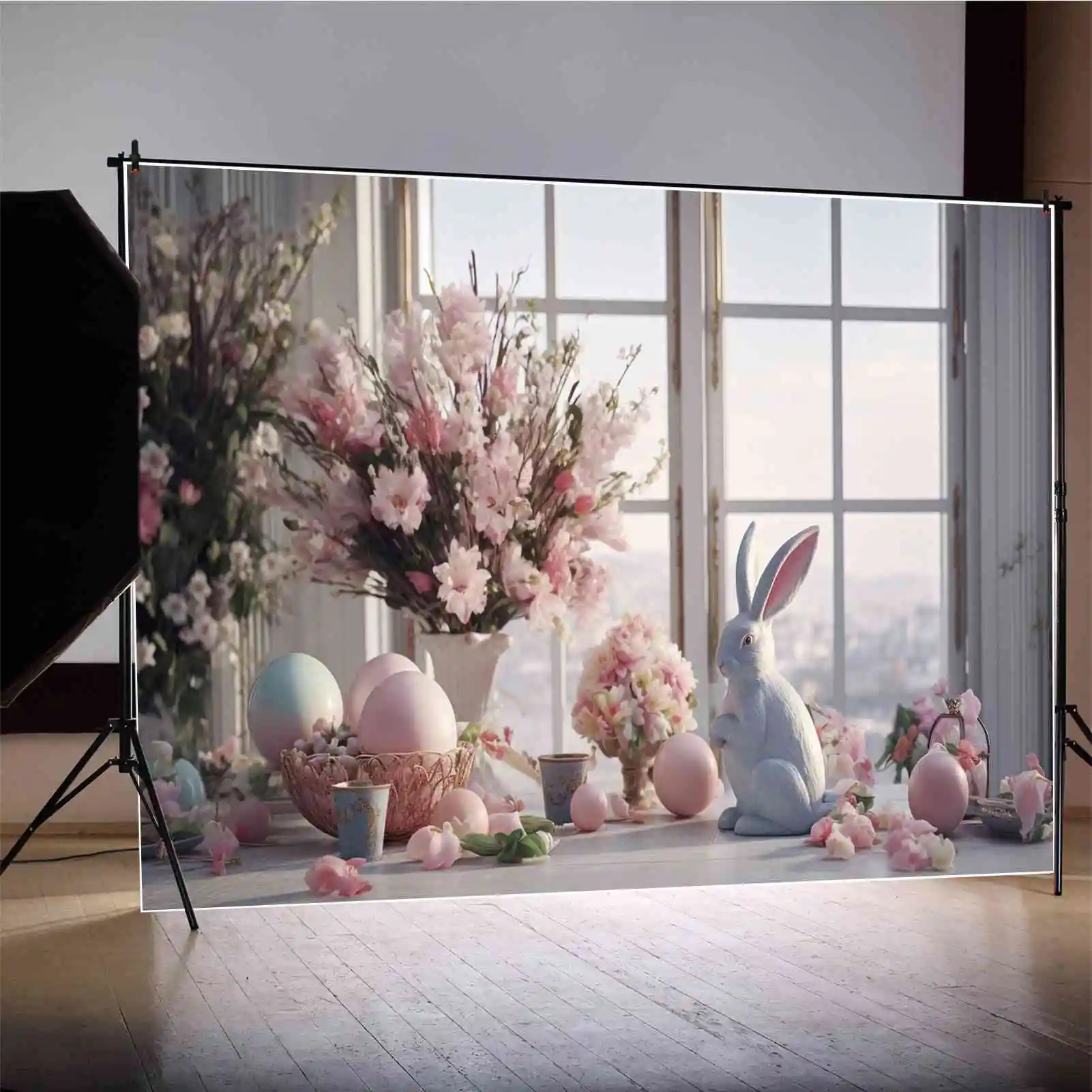MOON.QG-خلفية تصوير لحديقة عيد الفصح ، خلفية نافذة زهور ربيعية ، زهور مخصصة ، بيض ، صور أرنب ديكور