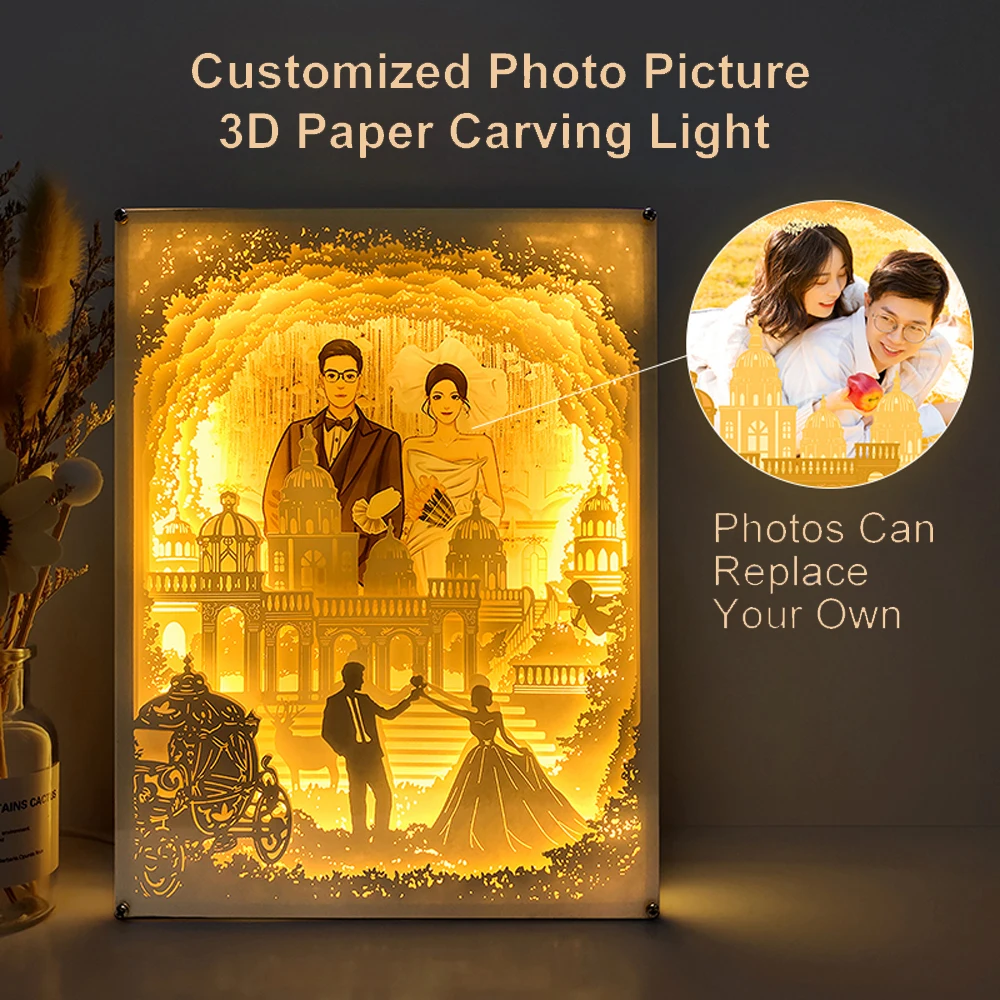 Wedding Couple Gift Custom Photo Picture LED Night Light 3D Paper Cut Shadow Box Room Decor Bedside Table Lamp