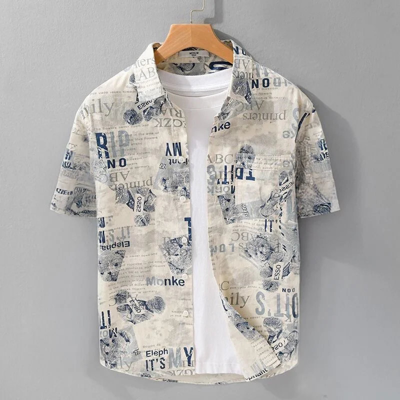 Casual British Style Short Sleeve Printed Shirt for Men Breathable Lightweight Summer Fashion Top Quality Polyester Fabric