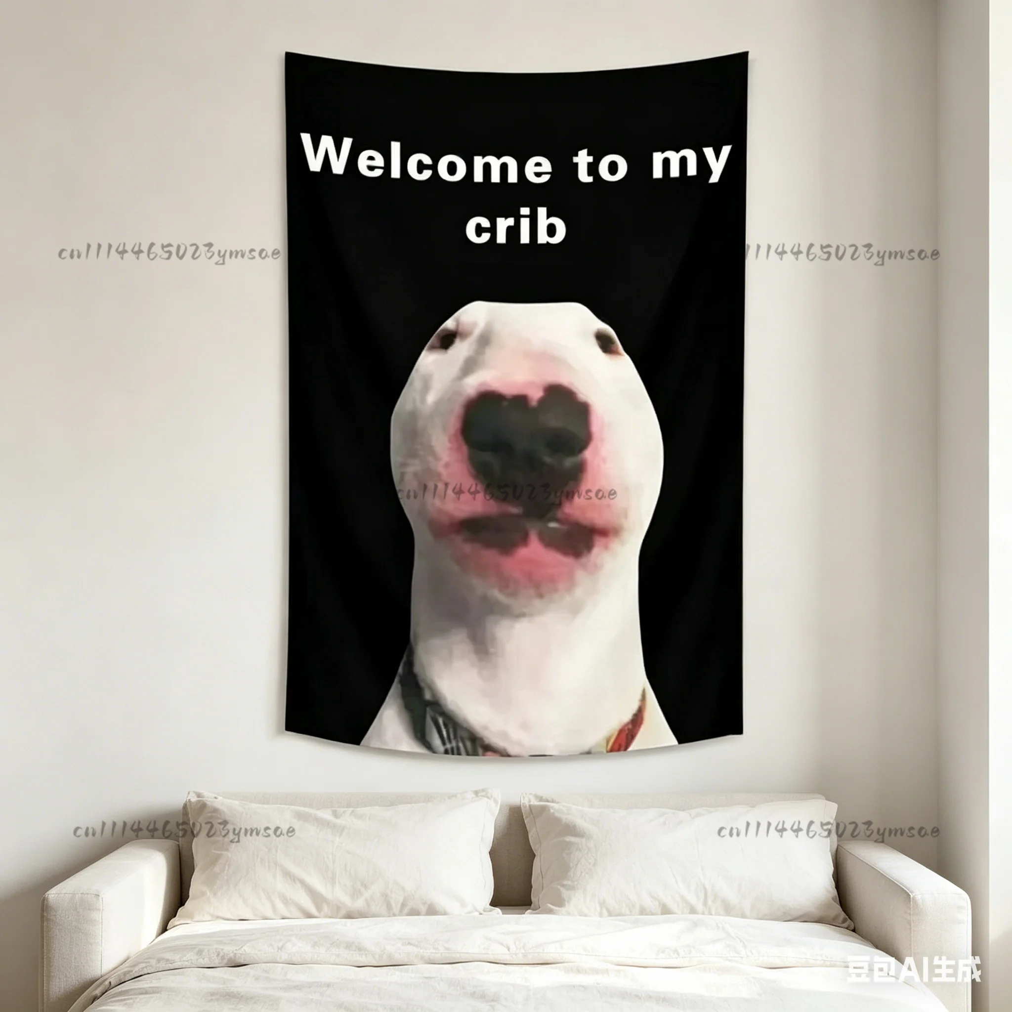 Funny Meme Tapestry Welcome To My Crib Bull Terrier Tapestry Funny Dog Wall Hanging Backdrop Cloth Bedroom Dorm Humor Wall Decor