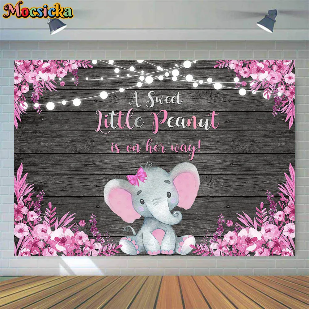 Mocsicka Baby Shower Backdrop Girl Pink Elephant  A Sweet Little Peanut is on Her Way Photo Background Wooden Board Studio Props