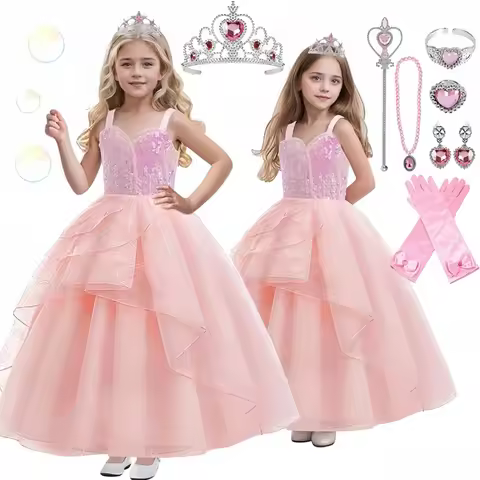 Girls Wicked Glinda Cosplay Costume Pink Sequins Princess Evening Dress Costume Halloween Witch Costumes Birthday Party Costumes