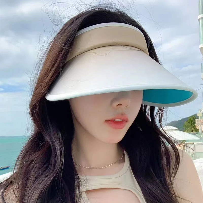 Women Summer Sun Hat Big Brim Empty Top Ponytail Cap Outdoor Beach UV Protection Sunscreen Hats Girl Folding Visors