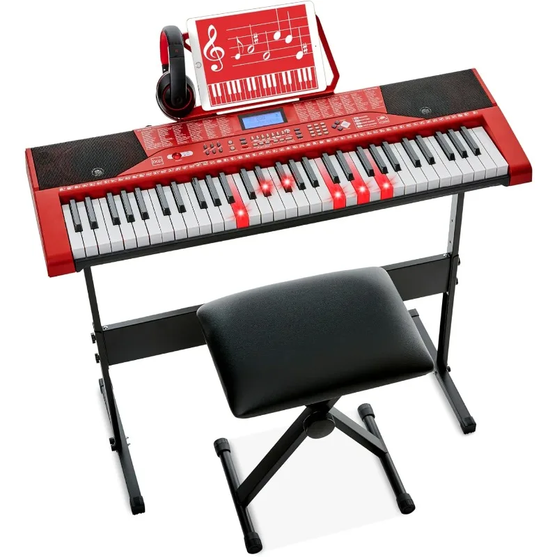 61-Key Beginners Complete Electronic Keyboard Piano Set w/Lighted Keys, LCD Screen, Headphones, Stand, Benc