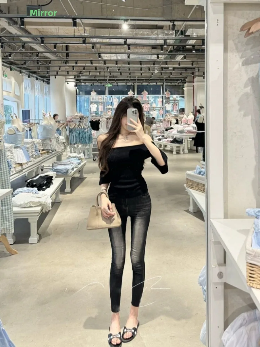 

High Waist Elastic Slimming Retro Faded Nine-Piece Women's Pencil Jeans with Hip Padding Korean Sle Casual Cotton Stretch D...