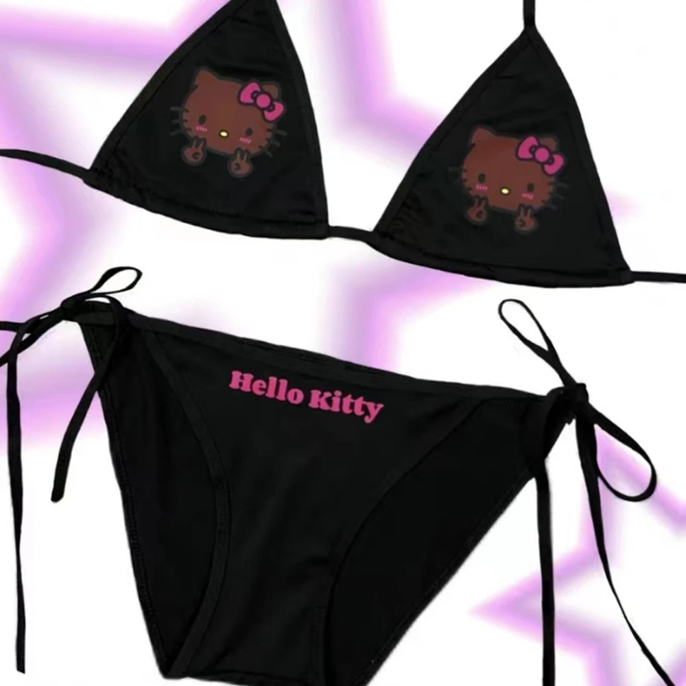 

Женский сексуальный купальник Y2K Hello Kitty, комплект для летнего отдыха, бикини с завязками по бокам, раздельный купальник для девочек, регулируемые бретели
