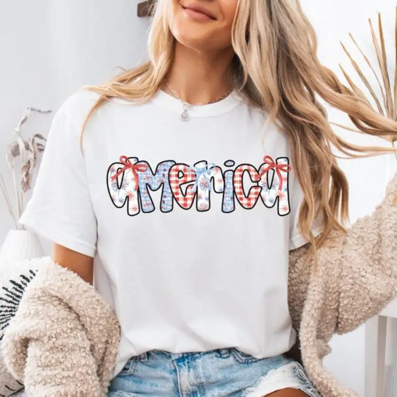 

Women's Patriotic America T-Shirt | Gingham Plaid Flag Print Graphic Tee | 4th of July Independence Day Gift Top