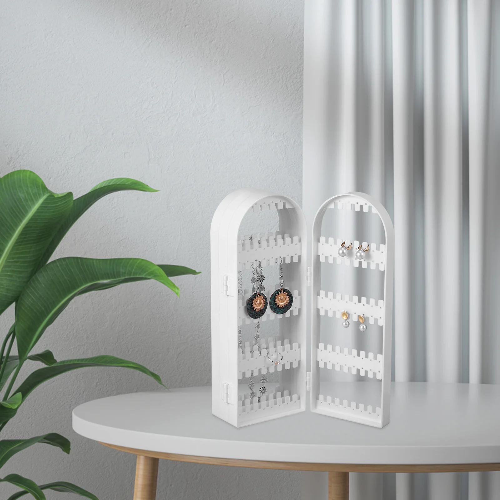 

Four Doors Earring Display Stand Foldable Jewelry Organizer for Bedroom Dresser Portable 360 Degree Rotating Jewelry Holder