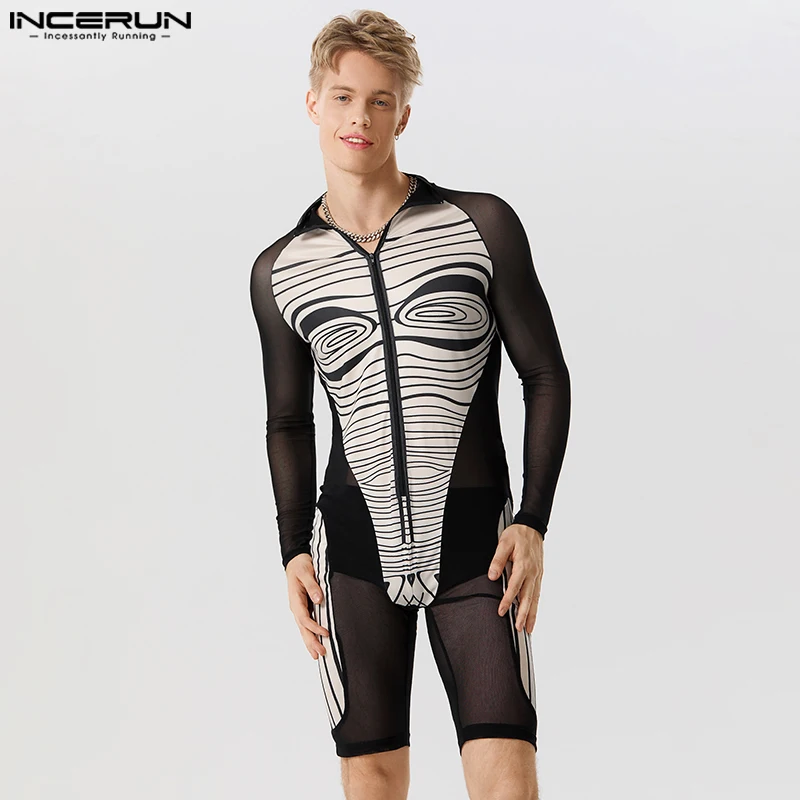 INCERUN 2023 Sexy Homewear New Mens Jumpsuit Abstract Printed See-through Mesh Stitching Long Sleeved Flat Angle Bodysuits S-5XL