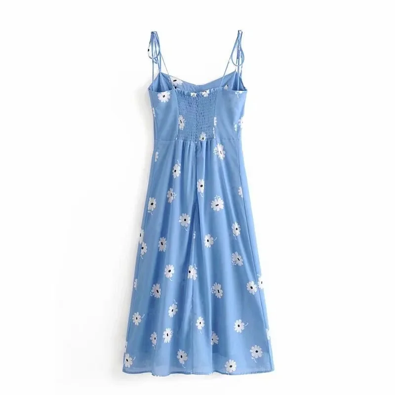 Sexy Women Corset Style Hem Slit Midi Robe Vestido Retro French Women Blue Daisy Flower Print Bow Lacing Up Sling Dress Retro