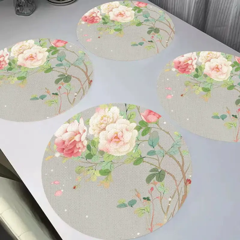 VIKAMA New Chinese Peony Flower Round Linen Table Mat Insulation, Washable, Wear resistant Table Mat Table Decoration