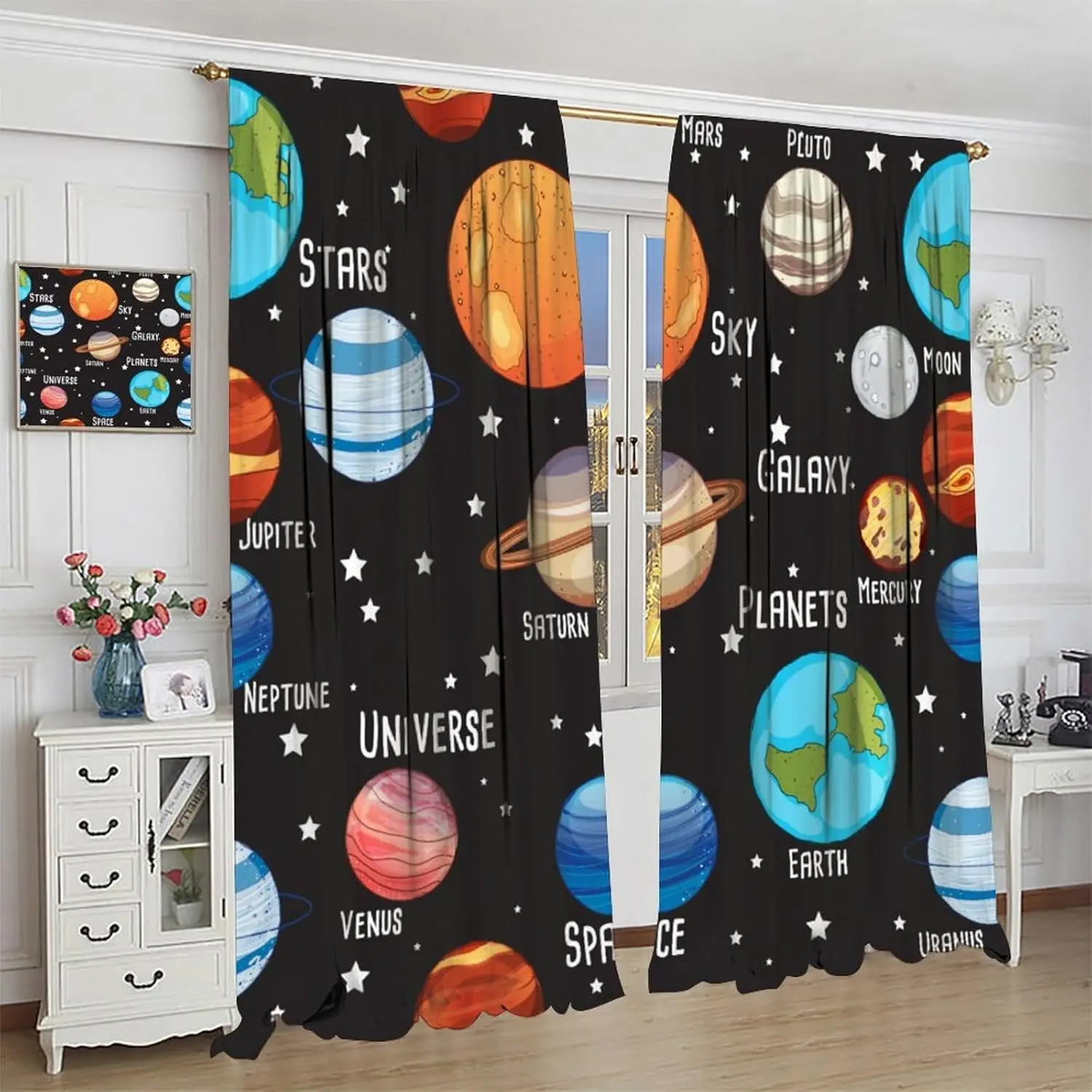 Outer Space Astronaut Curtains ABC Planet Boys Kids Toddler Galaxy Blackout Window Drapes for Bedroom Living Room Kitchen